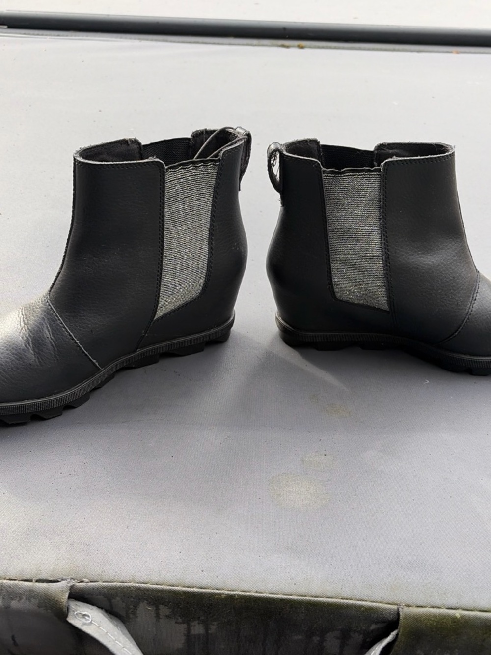 Sorel Black Wedge Chelsea Boots with Silver Elastic Panels